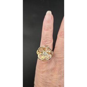 Gold-Tone Adjustable Flower Ring With Crystal Petals & Centerpiece